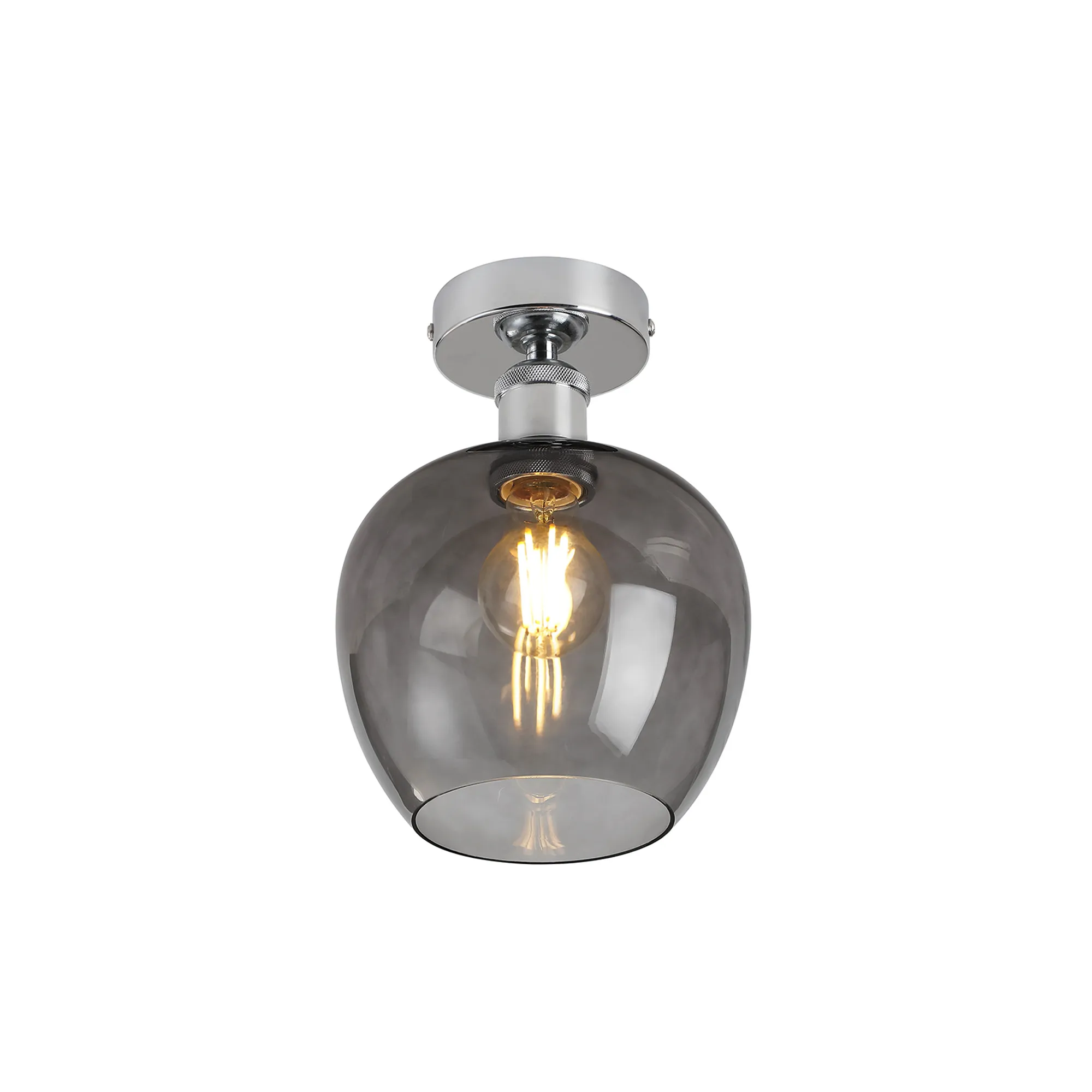 Cawdor Flush Fitting; 1 Light E27; Polished Chrome/Smoke Wine Glass